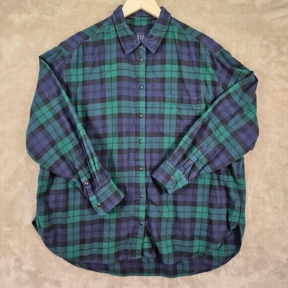 Gap Shirt Flannel Green Purple Plaid Pocket Button Down Women's Size XL Outdoor - Picture 1 of 10